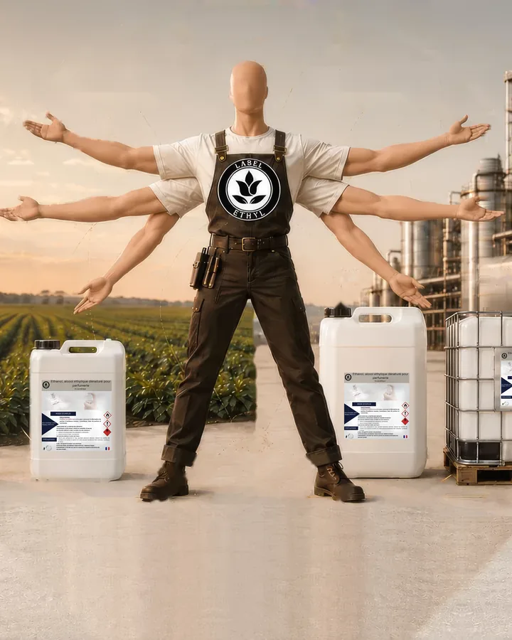 Bidons de 1 L, 5 L, 20 L et 25 L, IBC de 1000 L et citerne inox alignés devant un champ de betteraves et une colonne de distillation